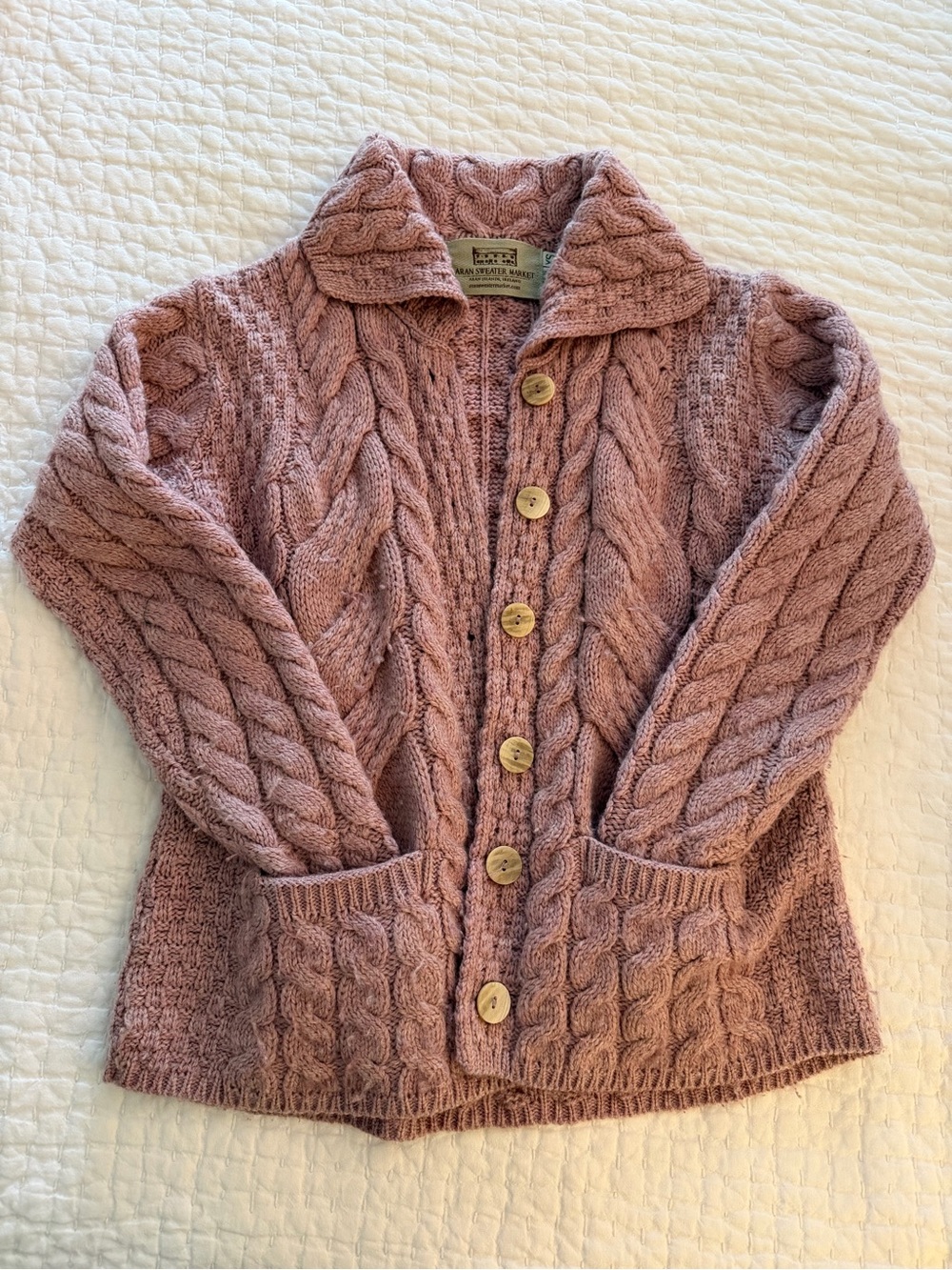 Irish 100% Merino Wool, Cable-Knit Cardigan Sweater - Dusty Rose. Aran Sweater